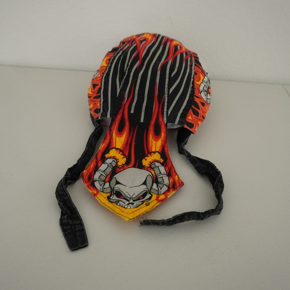 Hot Shot Skull Cap Biker Headwrap Durag OSFM Black Flame Skull Graphic
